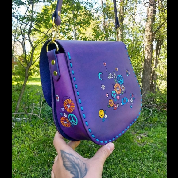 Custom made artist designed purple bag/purse spring summer true leather - Picture 2 of 4
